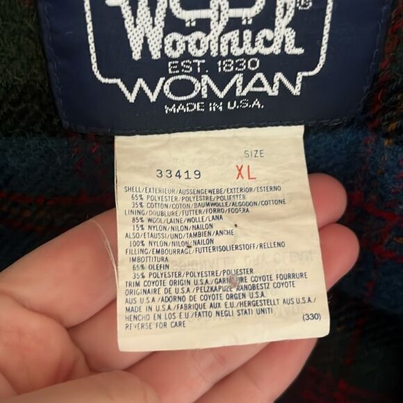 Woolrich Vintage Coyote Fur Trim Parka Green Plaid Lined Coat XL - Picture 16 of 16